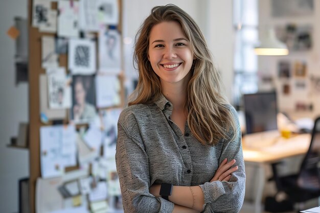 Mujer de negocios feliz diseñadora de oficinas generativa Ai