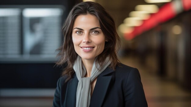 Una mujer de negocios feliz frente al tablero de información en la estación de tren mirando a la cámara