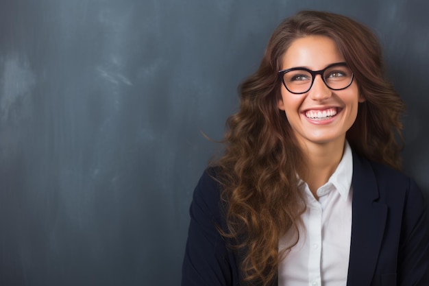 Mujer de negocios feliz con gafas contra la pared