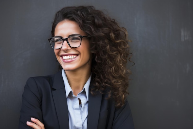 Mujer de negocios feliz con gafas contra la pared