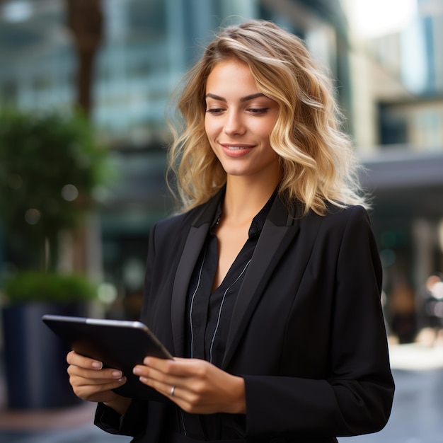 Mujer de negocios feliz con gafas sonriendo y sosteniendo una tableta digital en el centro de negocios Generative ai