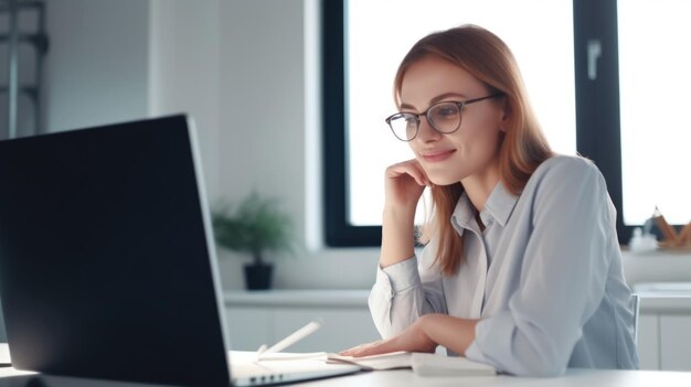 Mujer de negocios feliz mirando la escena de la oficina de la computadora portátil AI generativa AIG20