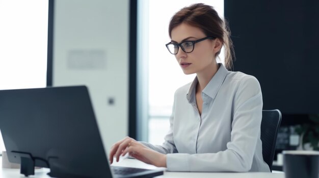 Mujer de negocios feliz mirando la escena de la oficina de la computadora portátil AI generativa AIG20