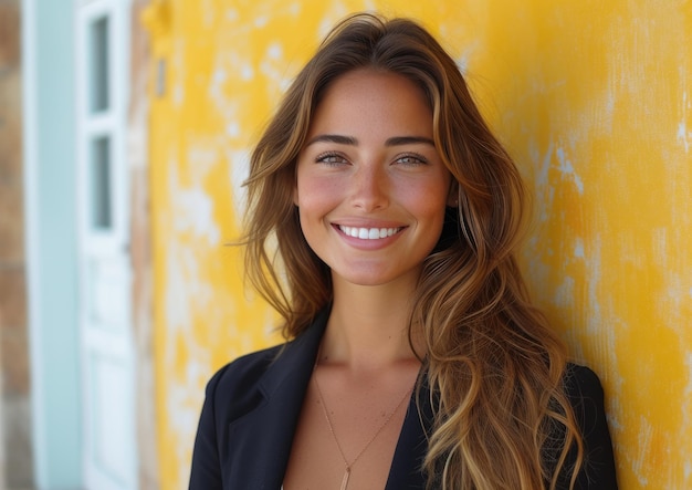 mujer de negocios feliz sonriente mujer con traje claro fondo limpio