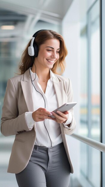 mujer de negocios feliz usando auriculares inalámbricos de pie con teléfono inteligente en la oficina