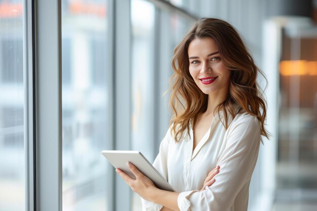 Mujer de negocios feliz usando una tableta en la oficina