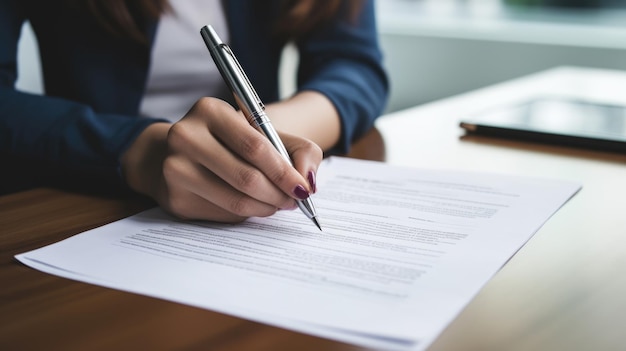 Mujer de negocios firmando un contrato oficial documento formal de cerca Creado con tecnología de IA generativa