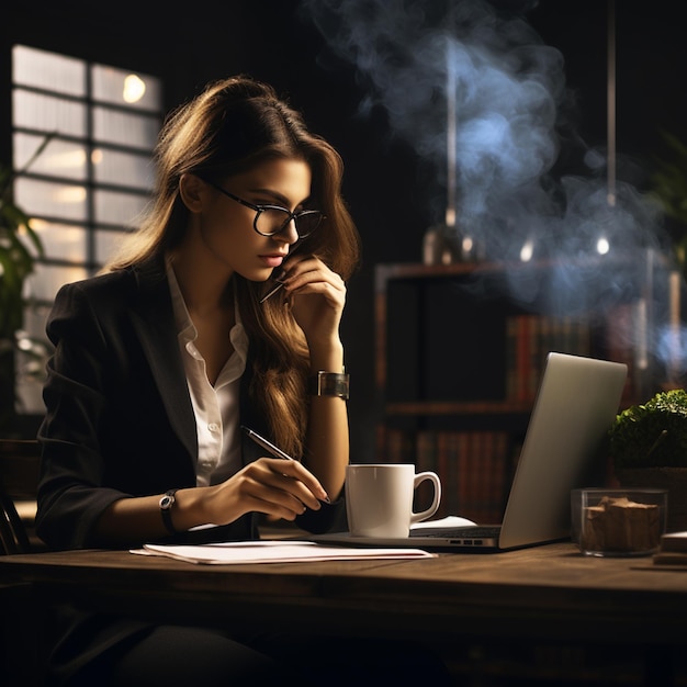 mujer de negocios fotográfica trabajando con una computadora portátil en la oficina