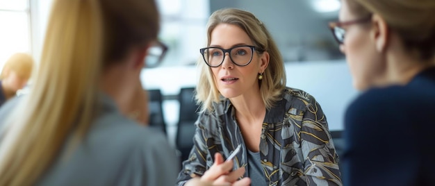 Una mujer de negocios con gafas escucha activamente durante una reunión su expresión de compromiso reflexivo