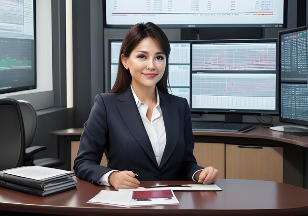 Mujer de negocios con gráficos de bolsa de valores en el fondo IA generativa