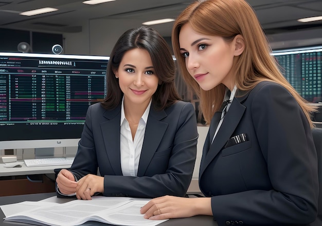 Mujer de negocios con gráficos de bolsa de valores en el fondo IA generativa