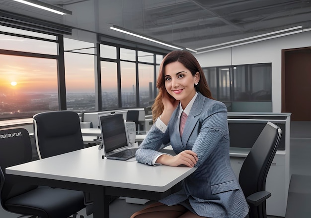 Mujer de negocios con gráficos de bolsa de valores en el fondo IA generativa