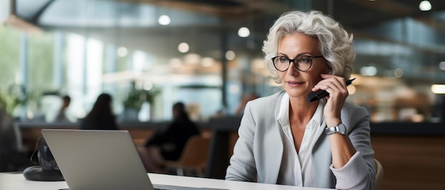 Foto una mujer de negocios está hablando por teléfono con una tableta en la mesa.