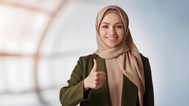 La mujer de negocios hace el signo OK con su mano sobre un fondo blanco La mujer de negocio muestra el pulgar hacia arriba como señal de acuerdo Concepto de expresiones faciales de gestos símbolo de resultado positivo