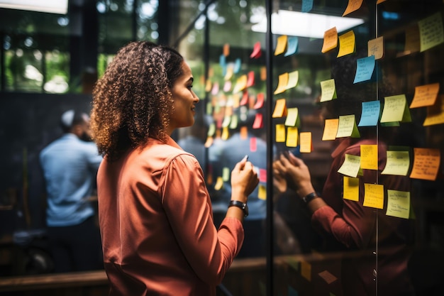 Foto mujer de negocios haciendo una lluvia de ideas mujer mirando a la pared con postits