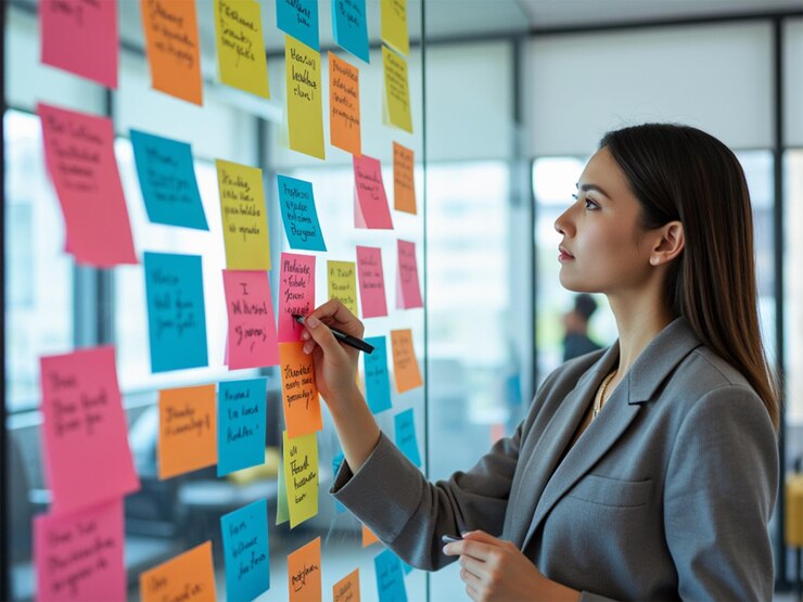 Mujer de negocios haciendo una lluvia de ideas en una pared de vidrio con notas adhesivas