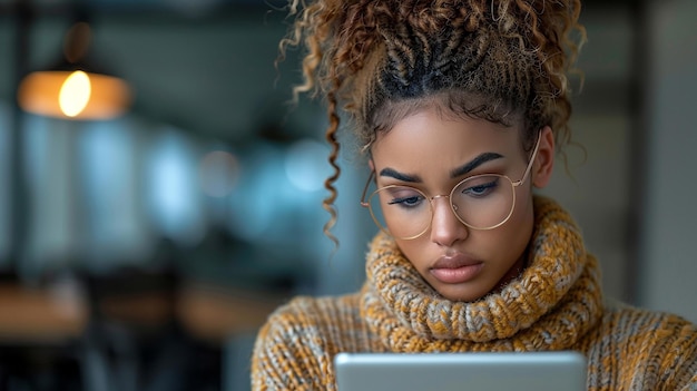 Una mujer de negocios hermosa y reflexiva con una tableta vestida profesionalmente simboliza la inteligencia.