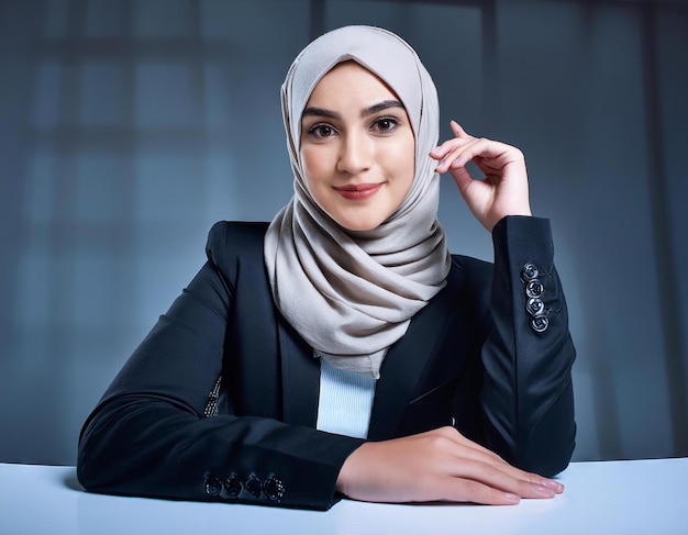 Foto mujer de negocios con hijab sentada en una oficina con una expresión facial sonriente