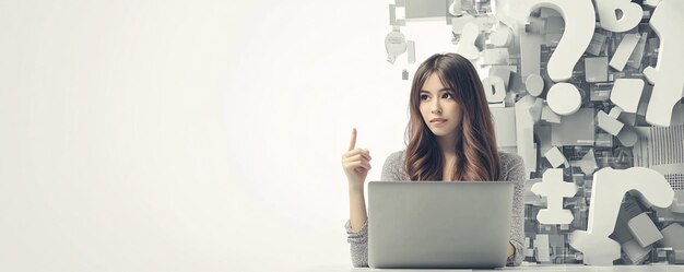 Mujer de negocios con una idea y señalando con el dedo trabajando en una computadora portátil