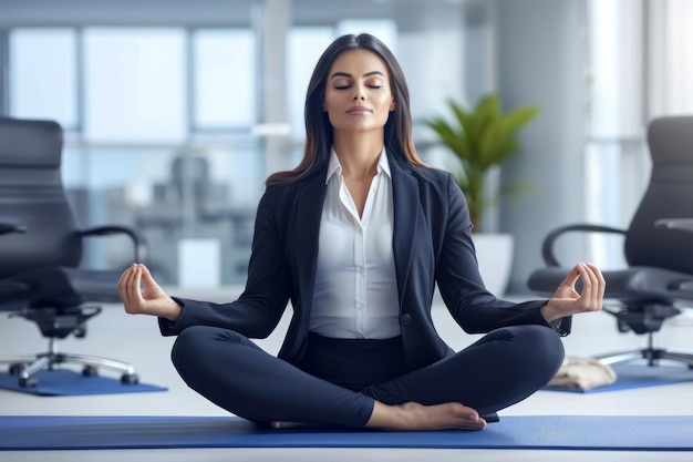 Mujer de negocios india con vestido formal practicando yoga en el lugar de trabajo