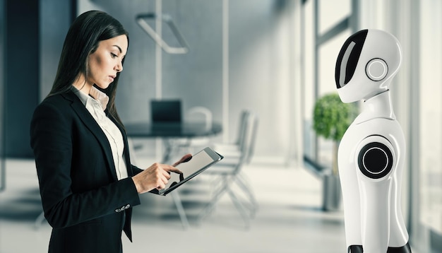 Mujer de negocios interactuando con un robot usando una tableta en un entorno de oficina moderno
