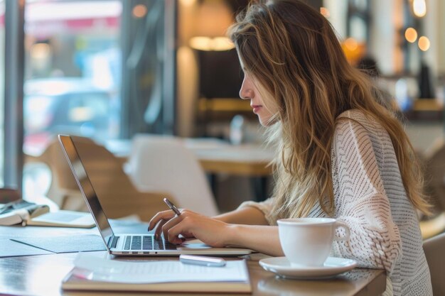 Mujer de negocios en el interior con café y portátil tomando notas