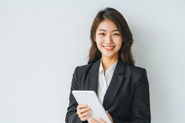 Mujer de negocios con un iPad sonriente