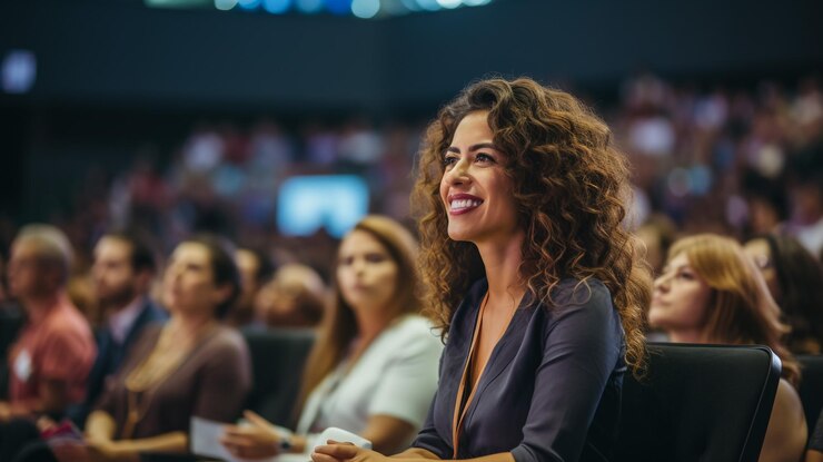 Mujer de negocios joven y bonita dando una presentación en una reunión de conferencia con un colo DOF poco profundo