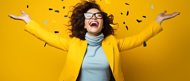 Foto mujer de negocios joven divirtiéndose y celebrando el año nuevo con espacio para copiar