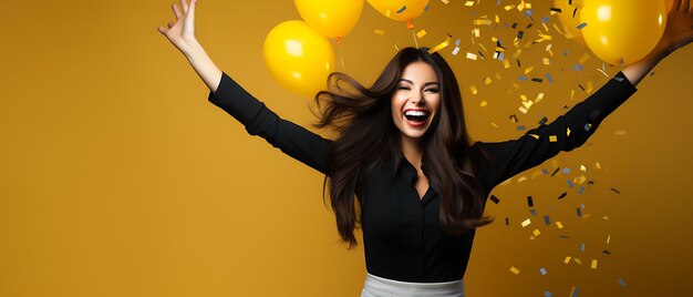 Foto mujer de negocios joven divirtiéndose y celebrando el año nuevo con espacio para copiar