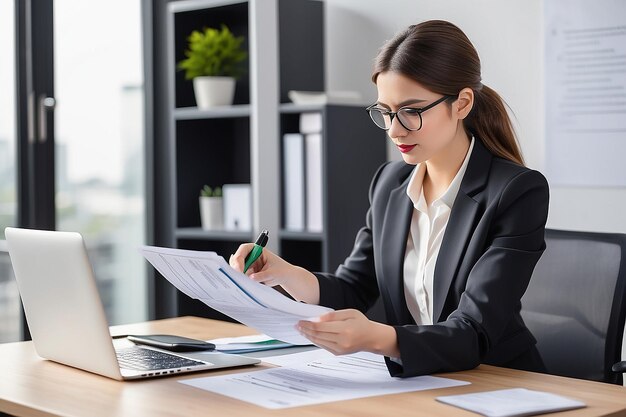 Mujer de negocios joven ocupada gerente abogado o empleado de la compañía que tiene documentos de contabilidad contabilidad comprobando datos financieros o informe de marketing trabajando en la oficina con portátil gestión de papeleo