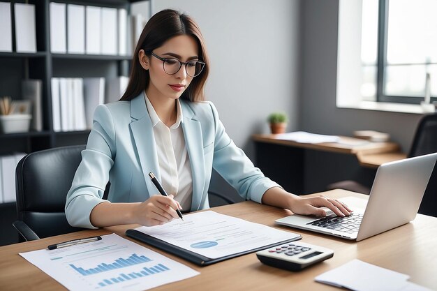 Mujer de negocios joven ocupada gerente abogado o empleado de la compañía que tiene documentos de contabilidad contabilidad comprobando datos financieros o informe de marketing trabajando en la oficina con portátil gestión de papeleo