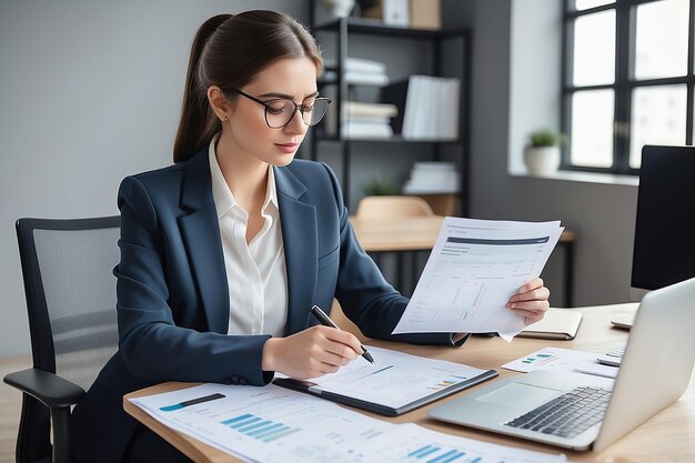 Mujer de negocios joven ocupada gerente abogado o empleado de la compañía que tiene documentos de contabilidad contabilidad comprobando datos financieros o informe de marketing trabajando en la oficina con portátil gestión de papeleo