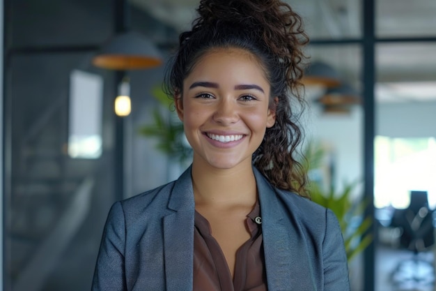 Mujer de negocios latina usando teléfono móvil en una oficina moderna