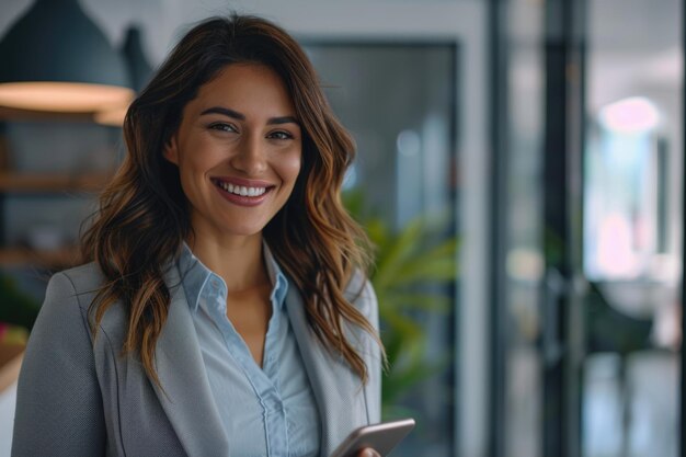 Mujer de negocios latina usando teléfono móvil en una oficina moderna