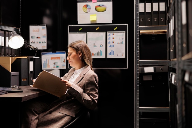 Mujer de negocios leyendo archivos corporativos, trabajando tarde en la noche en la contabilidad de la oficina en la sala de almacenamiento. Gerente caucásico descubriendo un nuevo informe burocrático, organizando documentos contables