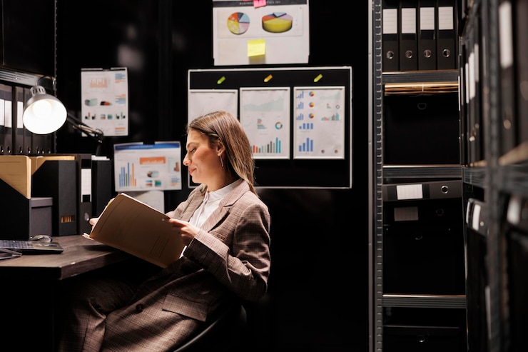 Foto mujer de negocios leyendo archivos corporativos, trabajando tarde en la noche en la contabilidad de la oficina en la sala de almacenamiento. gerente caucásico descubriendo un nuevo informe burocrático, organizando documentos contables