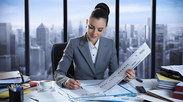 Foto mujer de negocios llenando y firmando un cheque bancario en el escritorio de la oficina