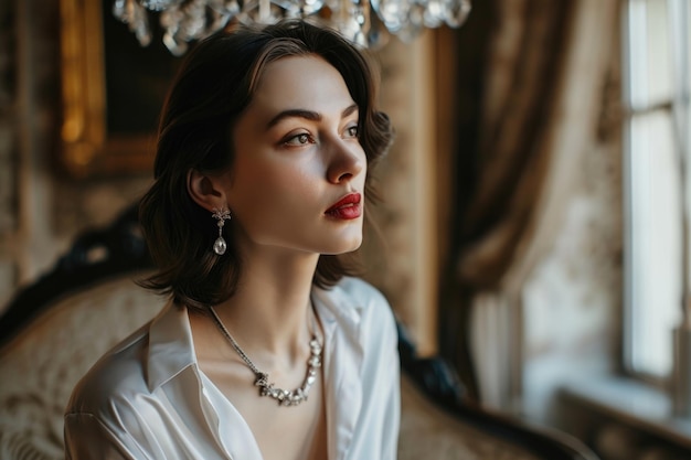 Foto mujer de negocios madura y elegante con joyas en un interior ligero