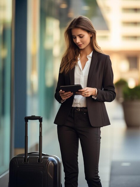 Foto mujer de negocios con una maleta sosteniendo un teléfono inteligente mientras está de pie fuera del edificio de oficinas