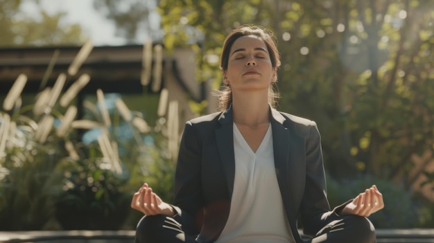 Mujer de negocios meditando pacíficamente en un parque iluminado por el sol para la atención y la relajación