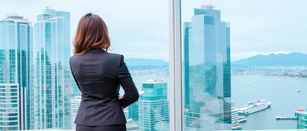 La mujer de negocios mira la ciudad de los rascacielos desde la vista de la oficina desde atrás