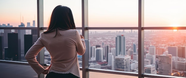 La mujer de negocios mira la ciudad de los rascacielos desde la vista de la oficina desde atrás