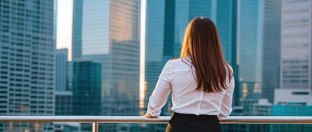La mujer de negocios mira la ciudad de los rascacielos desde la vista de la oficina desde atrás
