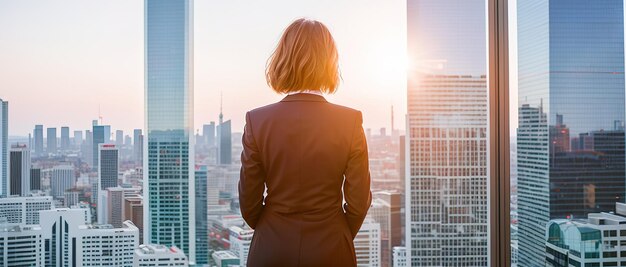 La mujer de negocios mira la ciudad de los rascacielos desde la vista de la oficina desde la cara posterior irreconocible IA generativa