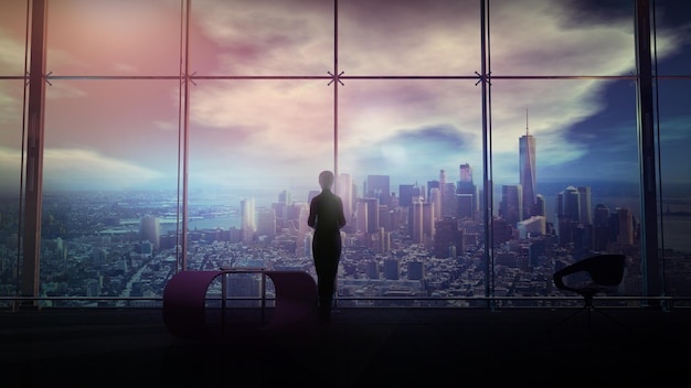 Una mujer de negocios mira a través de la ventana panorámica al paisaje urbano d render