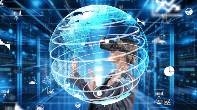 Mujer de negocios mirando alrededor de los datos por vr cargar girar alrededor de la invención global