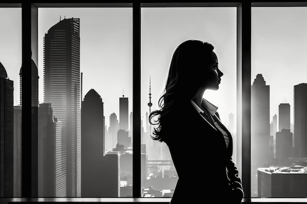 Una mujer de negocios mirando la ciudad desde su oficina.