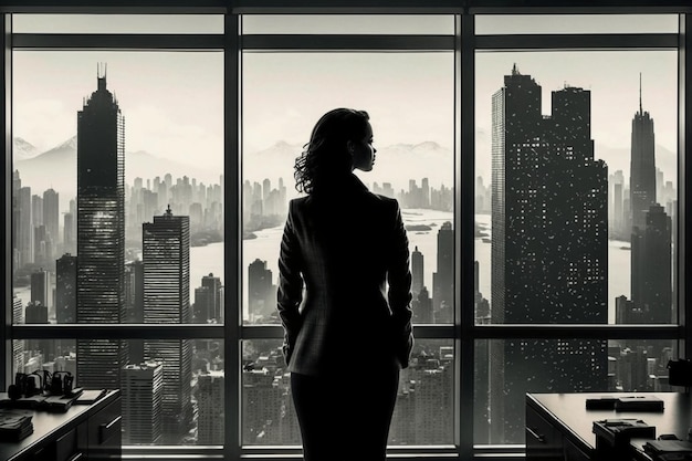 Una mujer de negocios mirando la ciudad desde su oficina.