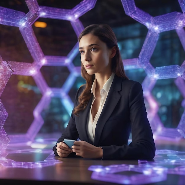 Mujer de negocios mirando un holograma de hexágonos virtuales